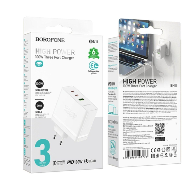 Мережевий зарядний пристрій Borofone BN11 Imperial PD 100W (2Type-C/1USB) Білий Вінниця - фото 4