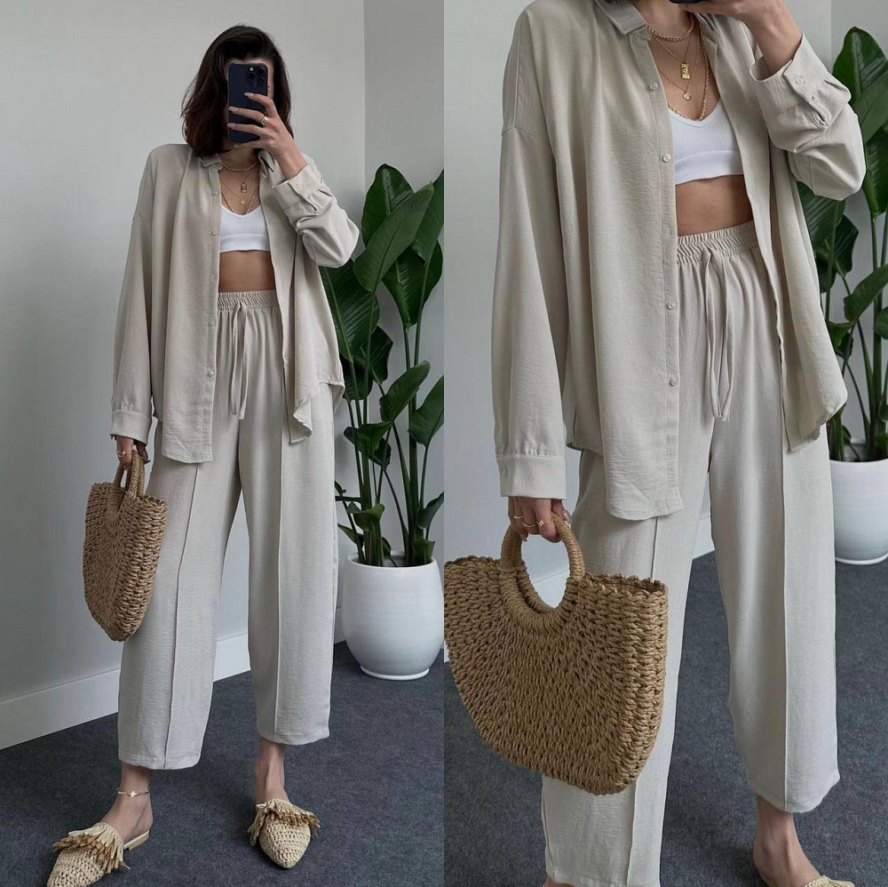 Женский легкий брючный костюм двойка: рубашка и брюки американский креп Беж, 44/46 Одесса - изображение 1