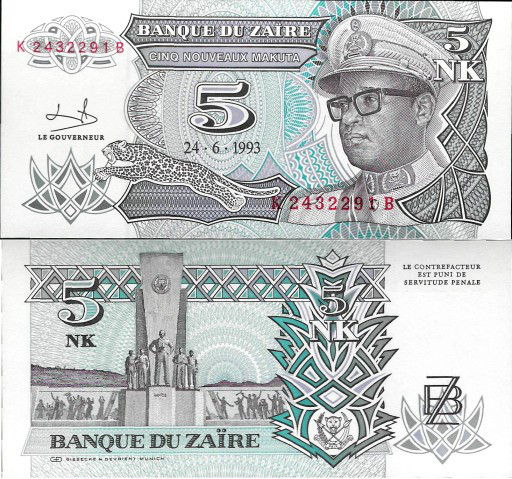 Заир / Zaїre 5 nouveaux makuta 1993 Pick 48 UNC Полтава - изображение 1