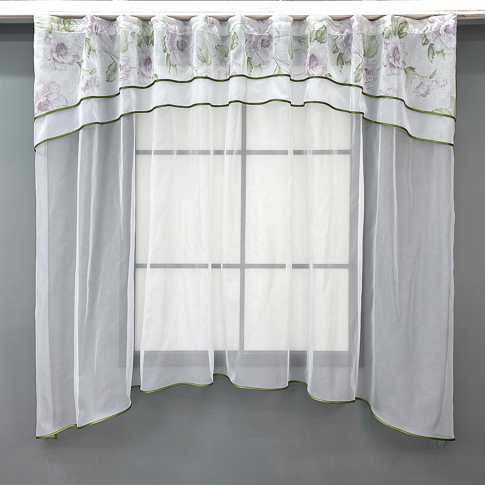 Кухонна гардина VR-Textil № 036к арка білий з бузковим і салатовим 280х170 см (52-1172) Київ - фото 1