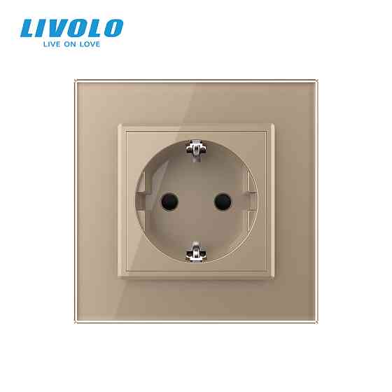 Електрична розетка з заземленням LIVOLO, золота, скляна рамка, шторки, 250В 16А (VL-C7C1EU-13) Коломыя