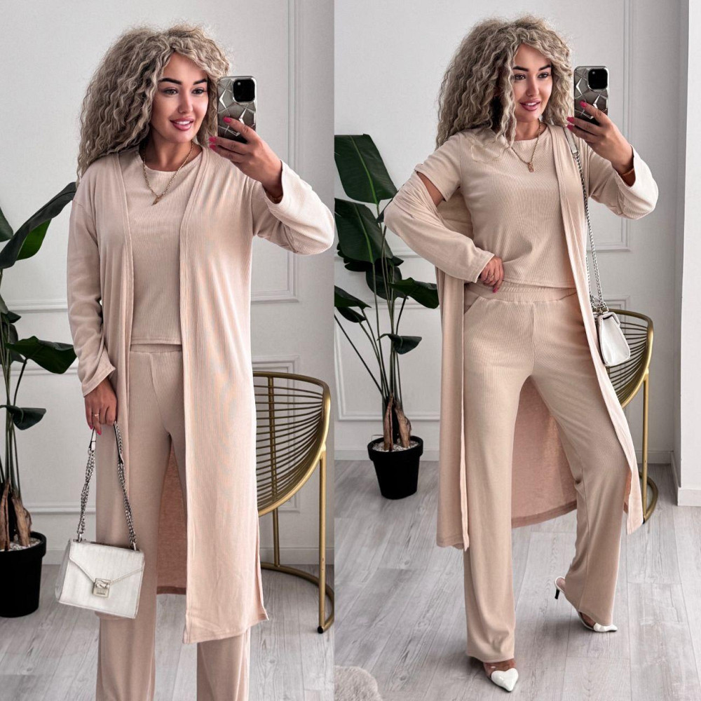 Жіночий базовий прогулянковий костюм-трійка: кардиган футболка та штани трикотажний рубчик Кремовий, 52/54 Одеса - фото 9