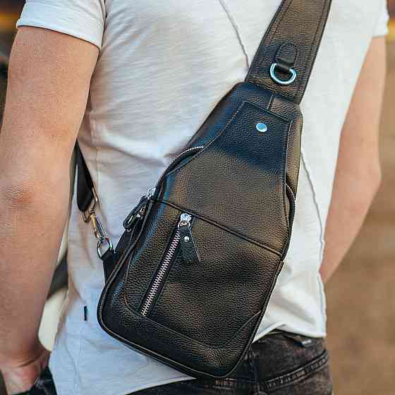 Чорний шкіряний чоловічий слінг на одне плече TIDING BAG Київ