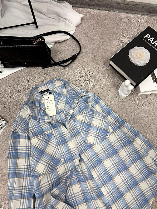 Женская повседневная оверсайз рубашка в клетку фланель 100% коттон Голубой, 48/52 Одесса - изображение 2