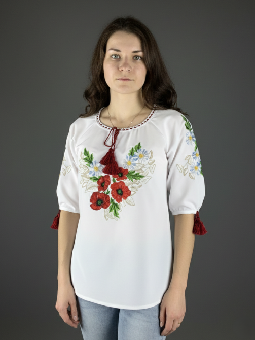 Женская вышиванка белая с цветочным оригинальным орнаментом «Мак - ромашка» Киев - изображение 2