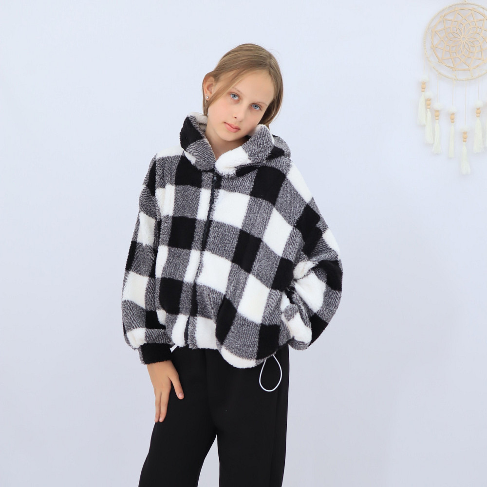 Детская теплая куртка тедди на змейке в черно-белую клеточку 128 Каменец-Подольский - изображение 3