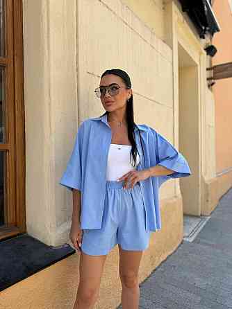 Жіночий базовий повсякденний літній костюм льон. Блакитний, 50/52 Одеса