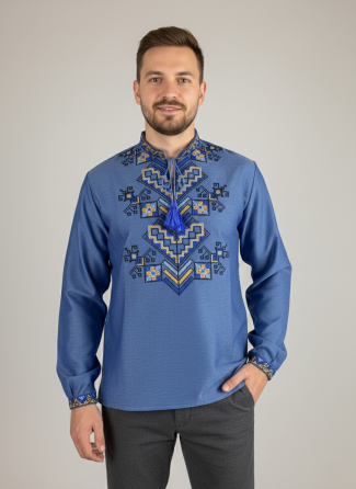 синя чоловіча вишиванка з домотканого полотна Дерево життя Київ