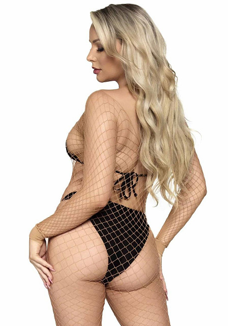 Бодістокінг у велику сітку Leg Avenue Long Sleeved Bodystocking One size Nude, довгий рукав Sex Aura Київ - фото 2