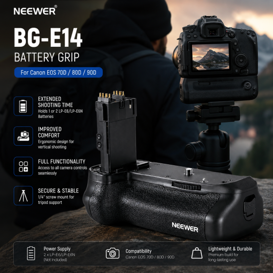 Батарейний блок Neewer BG-E14 (заміна) для камер Canon EOS 70D, 80D, 90D акумуляторний тримач, чорний Київ
