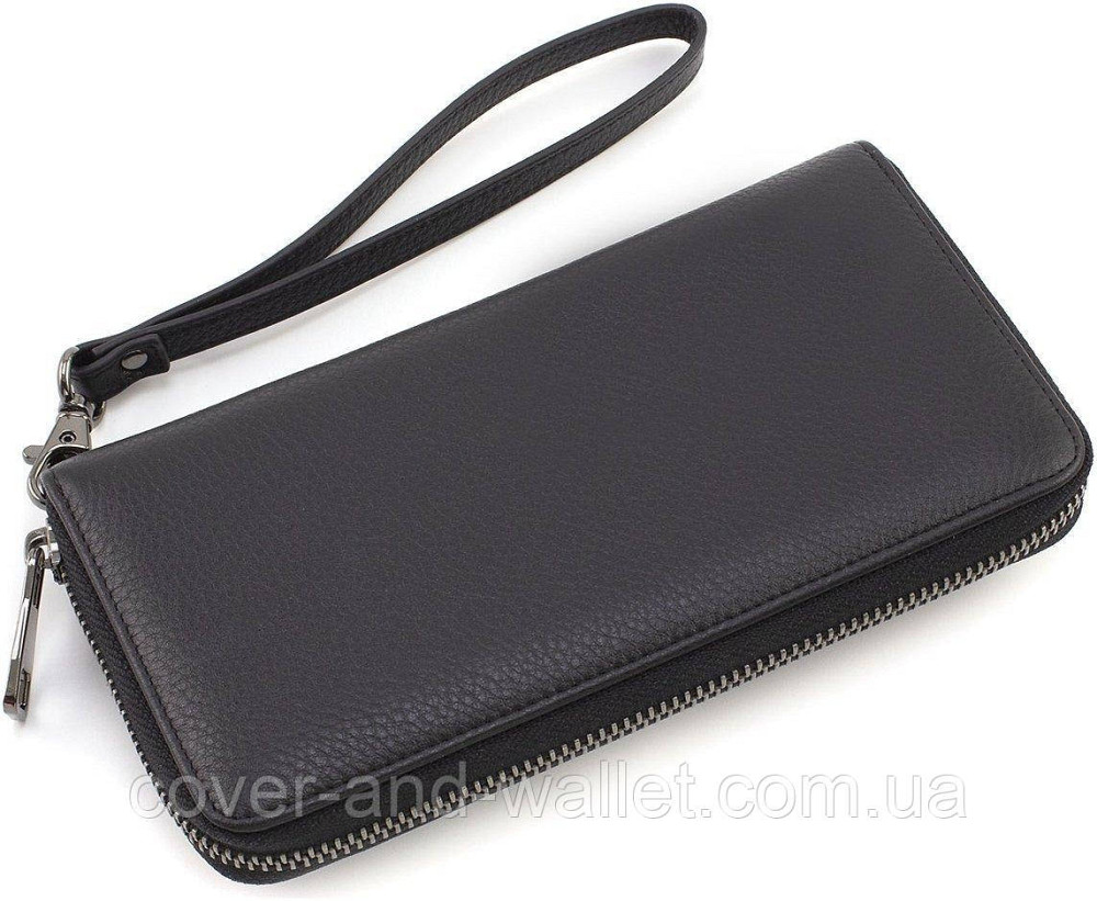 Черный женский кожаный кошелек клатч на молнии с ремешком Marco Coverna Киев - изображение 5