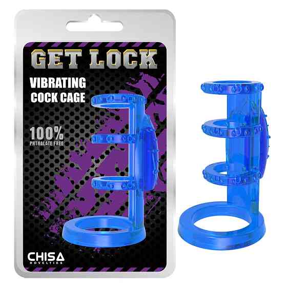 Насадка с вибрацией Chisa Get Lock Vibrating Cock Cage и эрекционными кольцами, синяя Sex Aura Киев