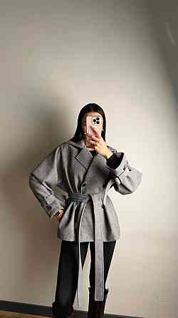 Женское трендовое пальто с двубортной застежкой на пуговицы и поясом Серый Одесса