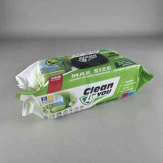 Серветки вологі 100 шт з клапаном для прибирання Clean4you універсальні (з екстр. Лайму, спиртовмісні) (1 пачка) Харків