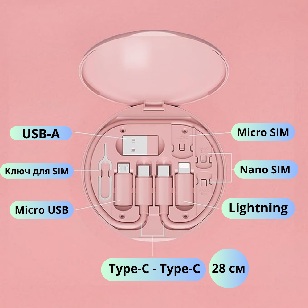 Комплект адаптерів з кабелем Type-C 6в1 для швидкої зарядки та передачі даних 60W у футлярі, рожевий Кам'янець-Подільський - фото 2