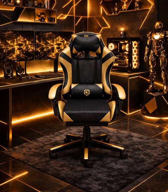 Геймерское кресло Primaveo с эргономичными подушками и выдвижной подставкой для ног, Черный/Золотой Киев - изображение 6