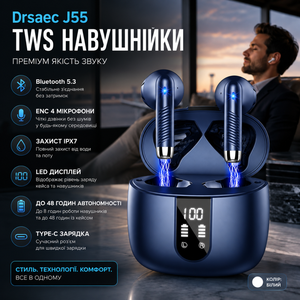 Bluetooth навушники Drsaec J55 TWS Bluetooth 5.3, ENC 4 мікрофони, IPX7, LED дисплей, до 48 годин автономності, Type-C Київ - фото 6