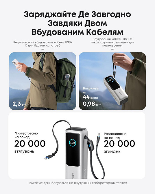 Портативний зарядний пристрій Anker 25000 mAh 165W PD Built-In Double USB-C Cables Silver (7160683) Київ - фото 9