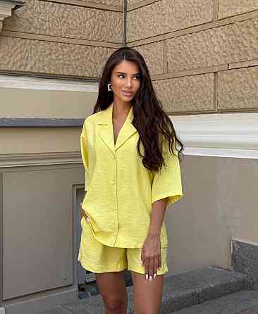 Женский летний базовый костюм двойка: шорты + рубашка свободного кроя лен бохо 46/48, Лимонный Одесса
