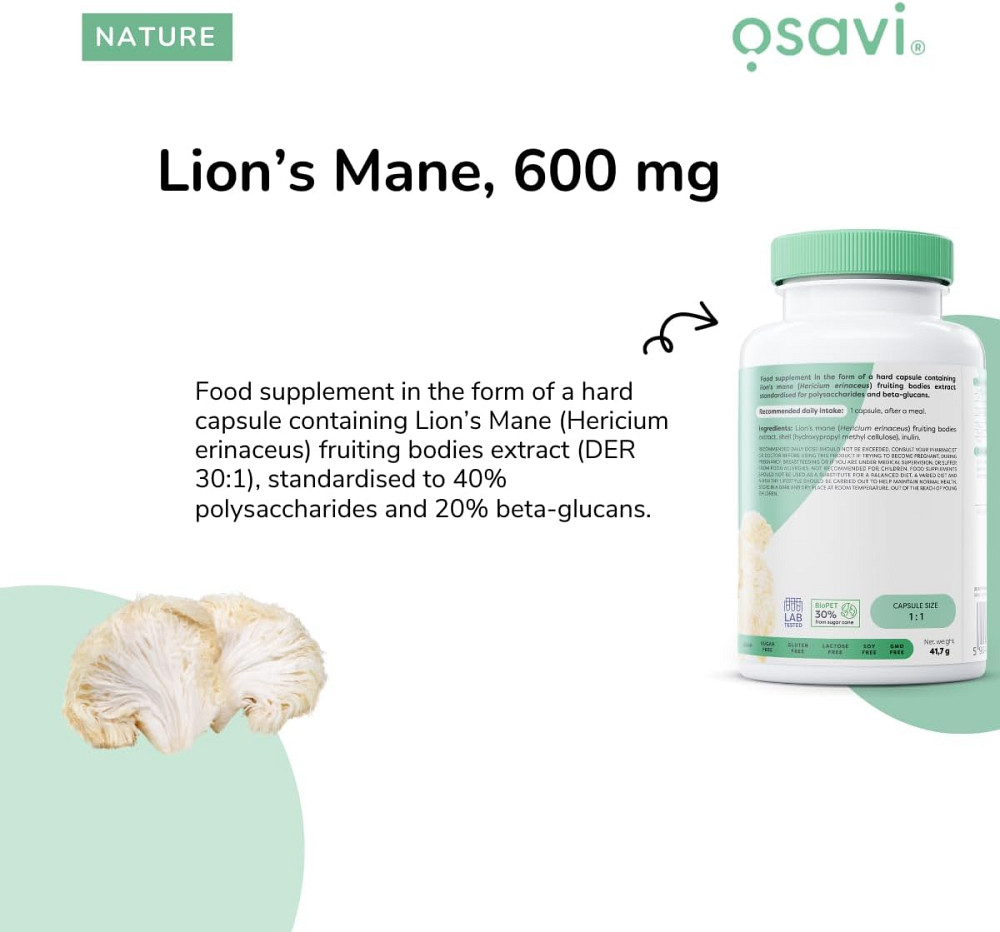 Ежовик гребенчатый Osavi Lions Mane, 600 mg Vegan 120 caps Луцк - изображение 2
