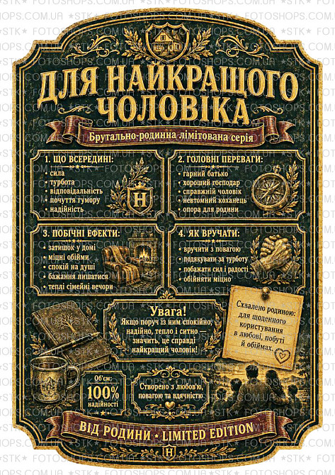 Етикетка на пляшку “Найкращому чоловіку” + контретикетка | подарункова наліпка на вино, віскі | від родини з повагою Одеса - фото 2
