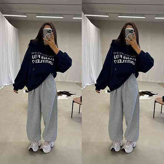 Стильний жіночий костюм худі + джогери тринитка на фліс Синій, 48/52 Одеса