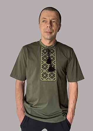 Чоловіча футболка вишиванка кольору хакі із салатовим орнаментом 3XL Київ