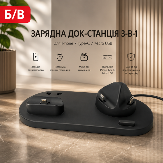 Б/в Зарядна док-станція 3-в-1 для iPhone/Type-C/Micro USB: універсальна станція для смартфонів, годинників та навушників Київ