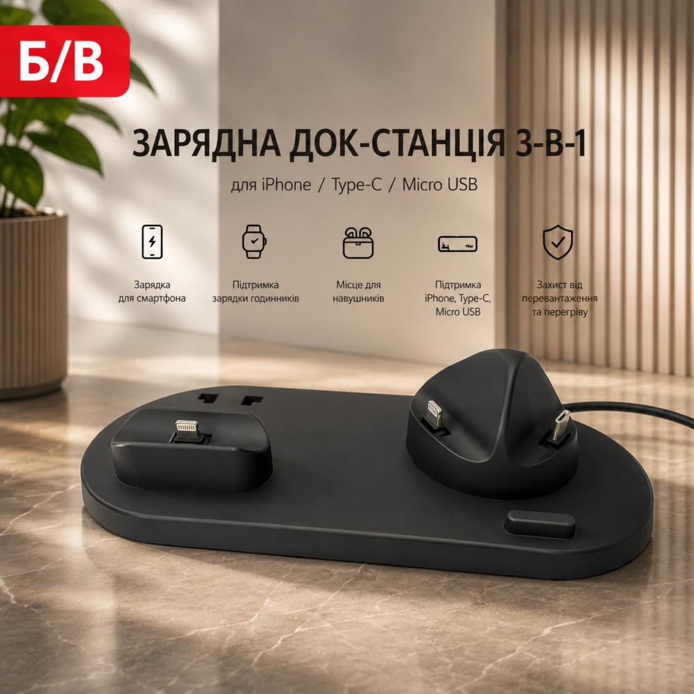 Б/в Зарядна док-станція 3-в-1 для iPhone/Type-C/Micro USB: універсальна станція для смартфонів, годинників та навушників Київ - фото 6