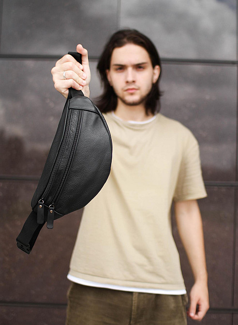 Чоловіча бананка, шкіряна сумка на пояс SL001 (Чорна) Суми - фото 1