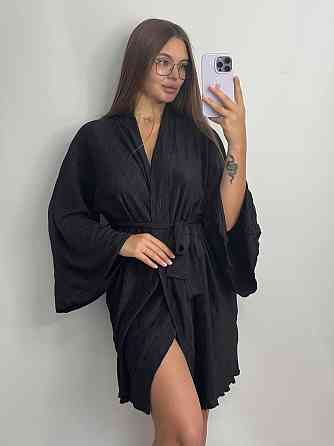 Жіночий халат зі стрейч-плісе з поясом Чорний Харків