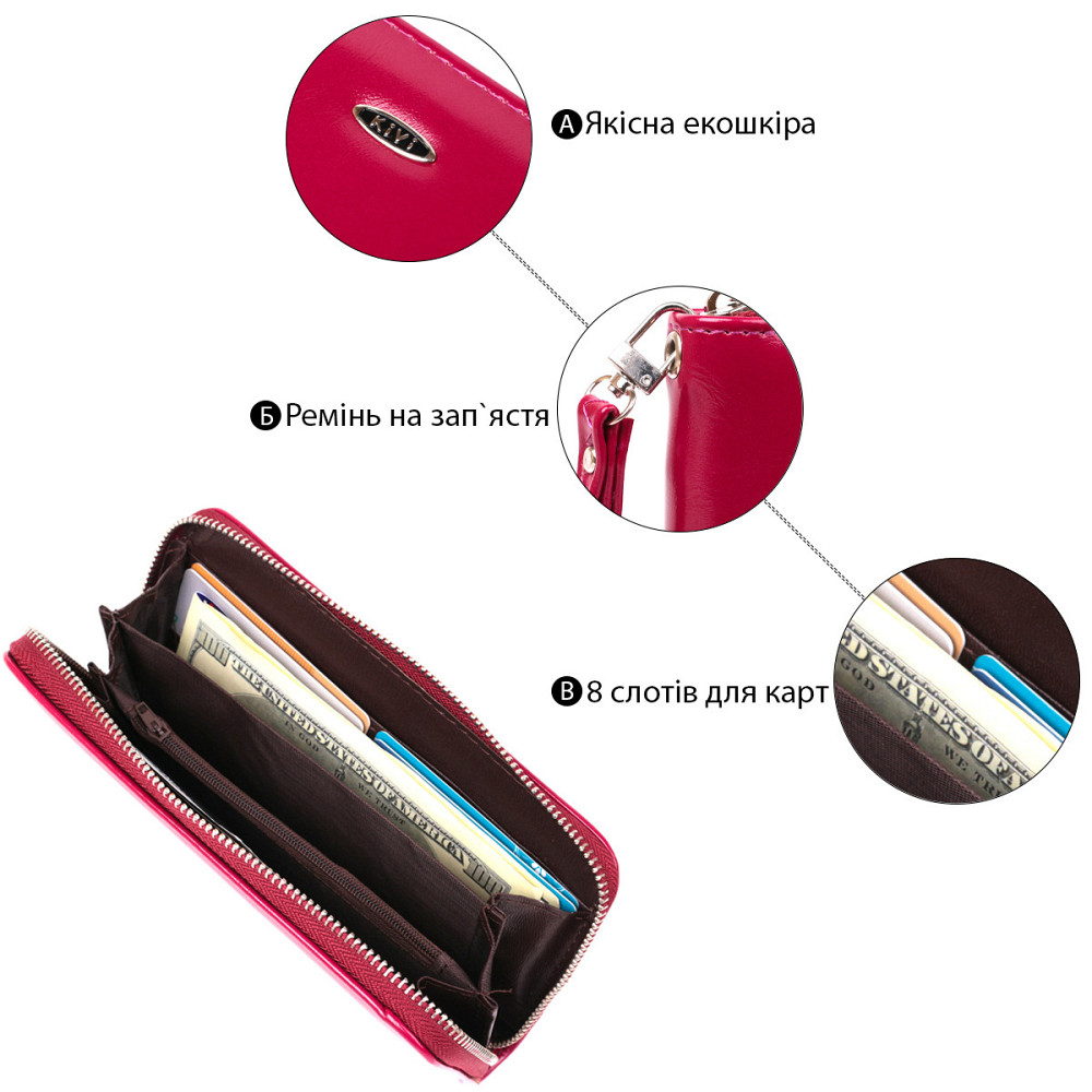 Кошелек женский на одну молнию из экокожи гладкий KIVI 19039 Малиновый Киев - изображение 1