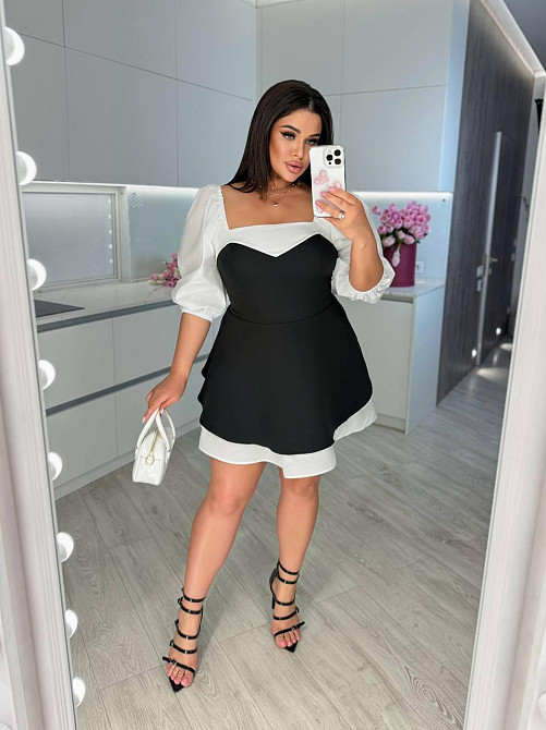 Женское стильное комбинированное мини платье с квадратным вырезом костюмка + 100% белый коттон Черный, 54/56 Одесса - изображение 4