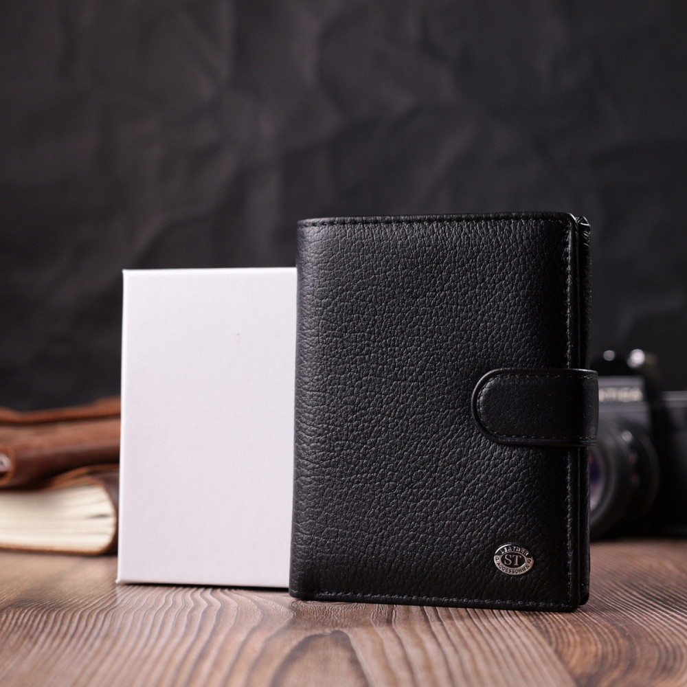 Чоловічий вертикальний шкіряний гаманець чорний (ST Leather) Київ - фото 4