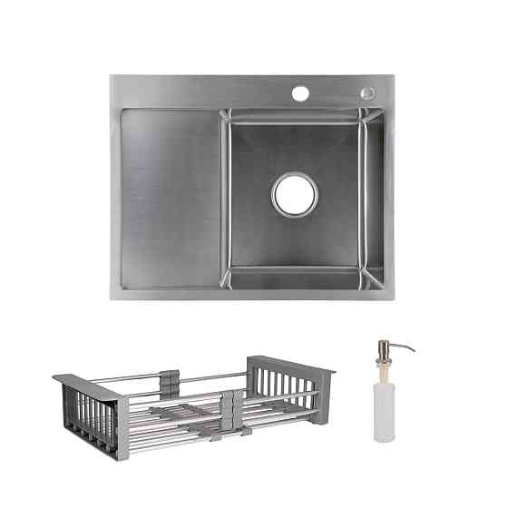 Комплект Lidz Handmade H6350L Мойка для кухни интегрированная крыло слева Brushed в комплекте с дозатором + Lidz K01G Корзина для Киев