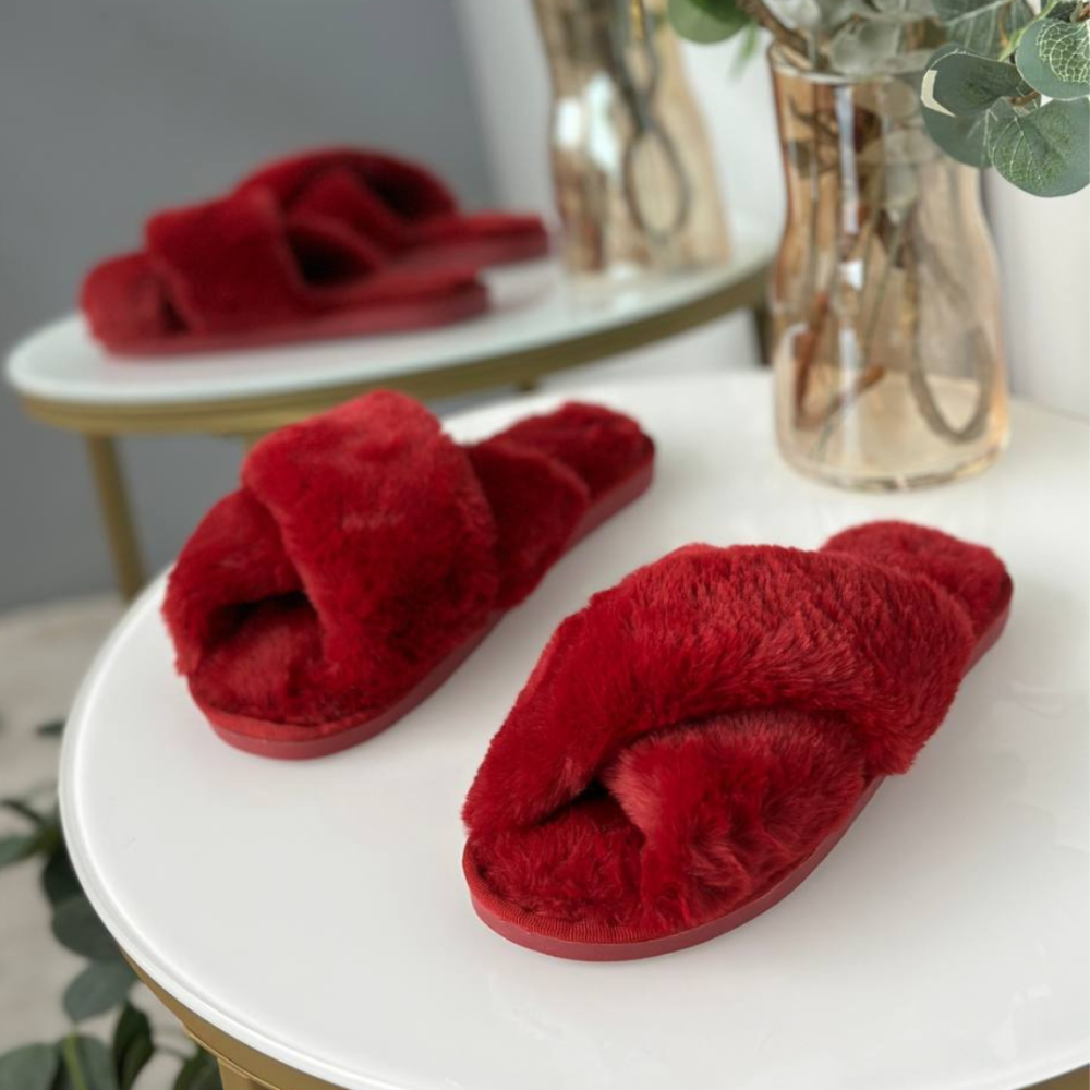 Хутряні Капці Кімнатні Домашні Тапулі Пухнасті з Хутром і Відкритим Носком теплі стильні бордо Одеса - фото 1