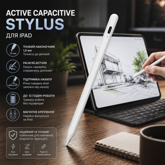 Стилус Active Capacitive Stylus для iPad, тонкий наконечник 1,5 мм, Palm Rejection, наклон, 12 часов работы, белый Киев