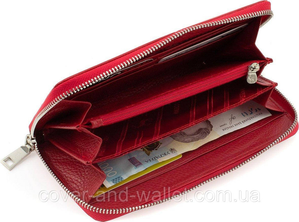 Шкіряний жіночий гаманець клатч червоного кольору на блискавці з ремінцем Marco Coverna MC 7003-2 Київ - фото 11