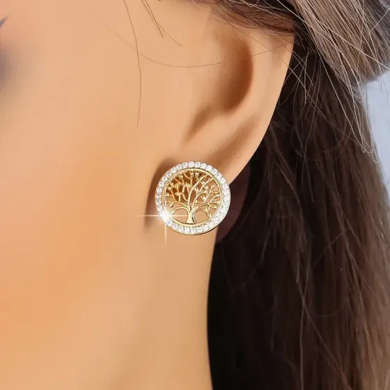 Серьги Древо Жизни с цирконием – элегантные гвоздики в золотистом цвете Киев
