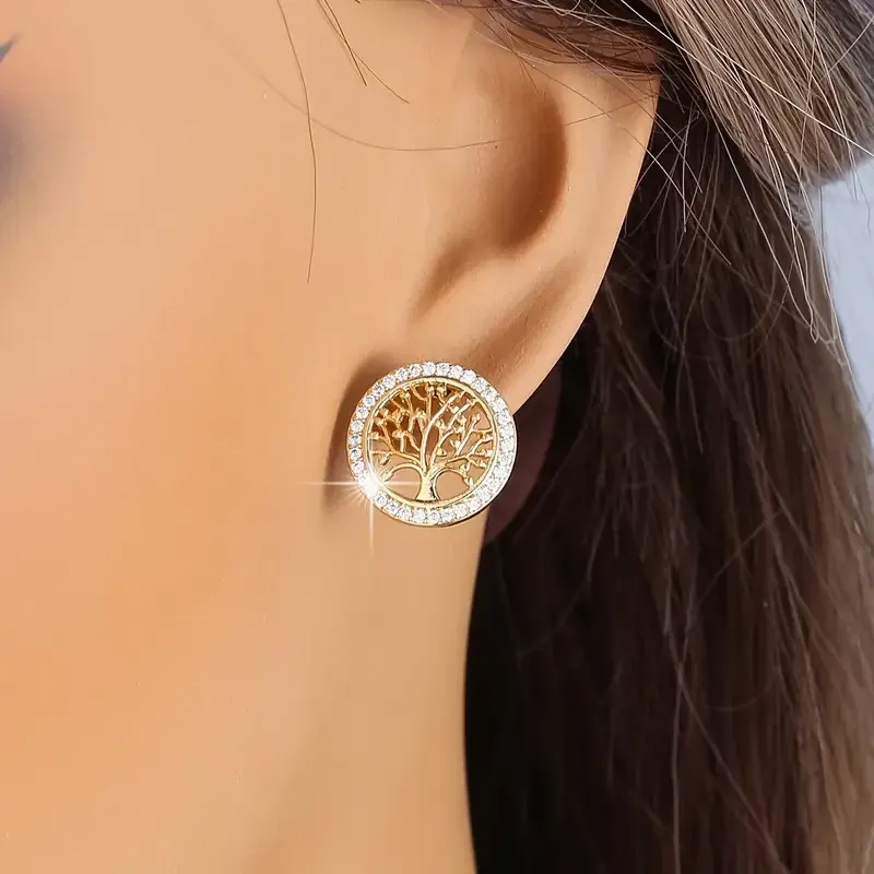 Серьги Древо Жизни с цирконием – элегантные гвоздики в золотистом цвете Киев - изображение 1