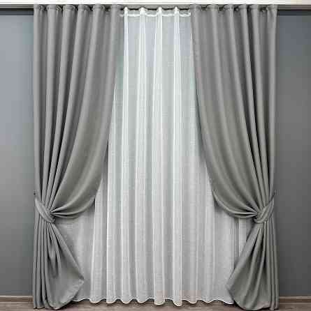 Комплект штор VR-Textil Льон Мішковина 150х270 2шт і Тюль 600х270 867ш-115т світло-сірий з білим 71-060/5 Київ