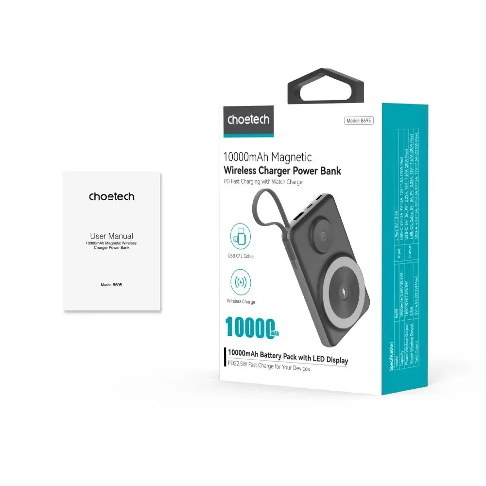 Повербанк 10000mAh Choetech B695 Black QC3.0 PD3.0 бездротова зарядка смартфонів та Apple Watch (43-00131) Київ - фото 4
