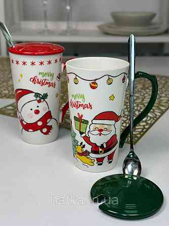 Кухоль з кришкою та ложкою керамічний новорічний Olens "Біг-Сніговик" 380 мл 102-1088с Київ