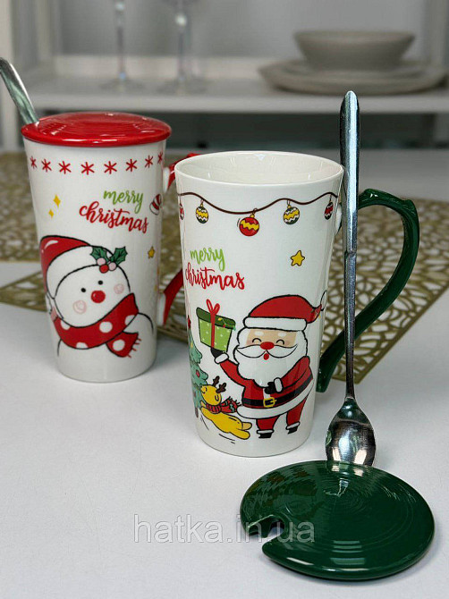 Кухоль з кришкою та ложкою керамічний новорічний Olens "Біг-Сніговик" 380 мл 102-1088с Київ - фото 3