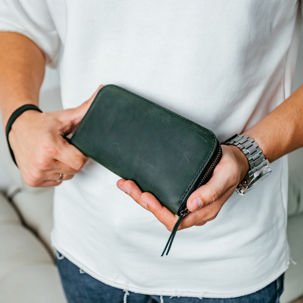 Чоловічий шкіряний гаманець, місткий гаманець із відділеннями на блискавці, Crazy Horse, зеленийMasterSem Київ - фото 4
