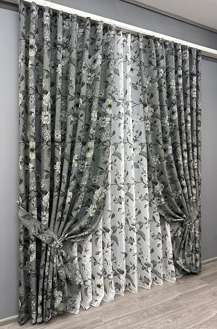 Комплект штор VR-Textil Лен Прованс 100х265 2шт и Тюль 400х265 1724ш-1681т Серый с белым 71-104/2 Киев - изображение 1