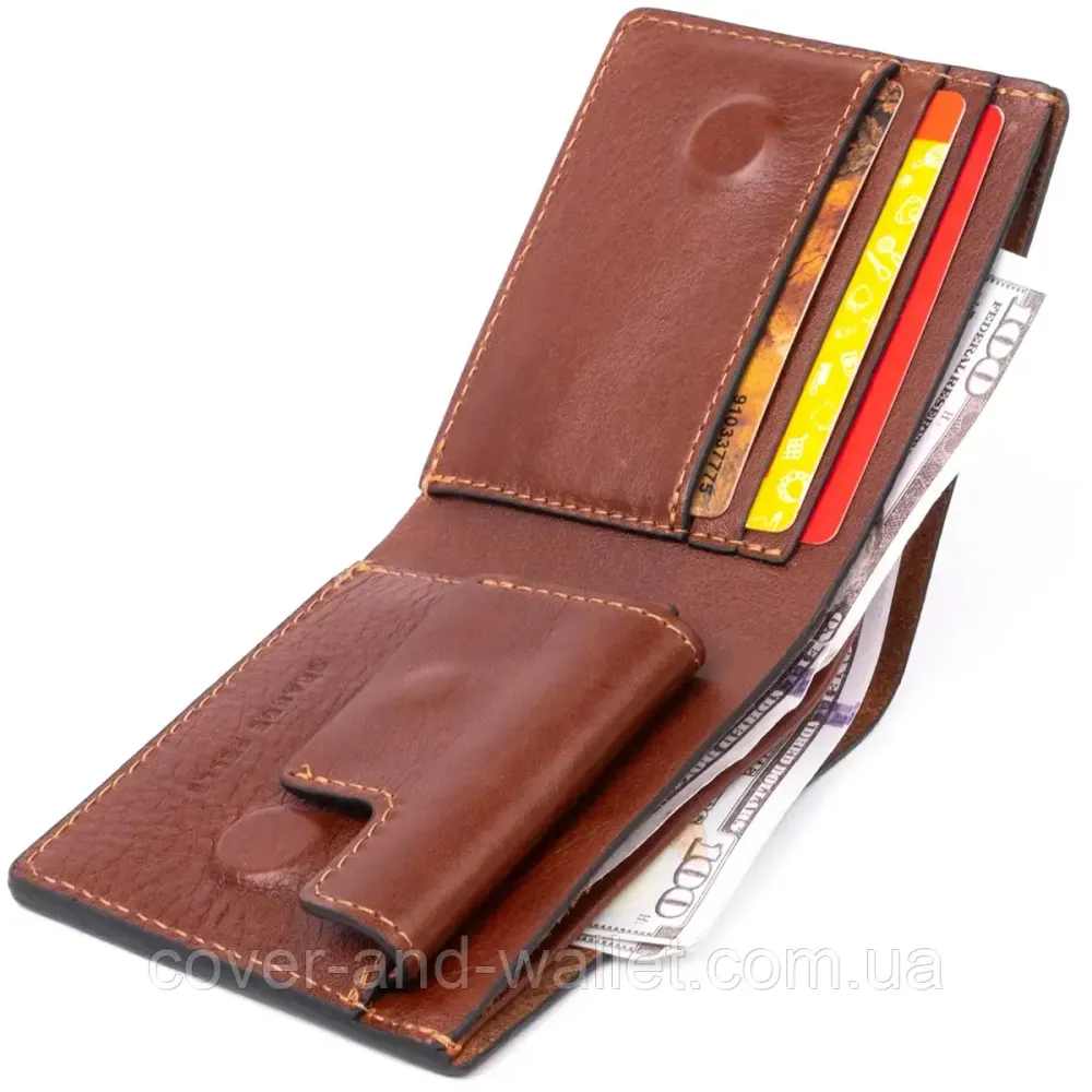 Коричневый мужской кожаный кошелек ручной роботы на магнитах Grande Pelle Киев - изображение 8