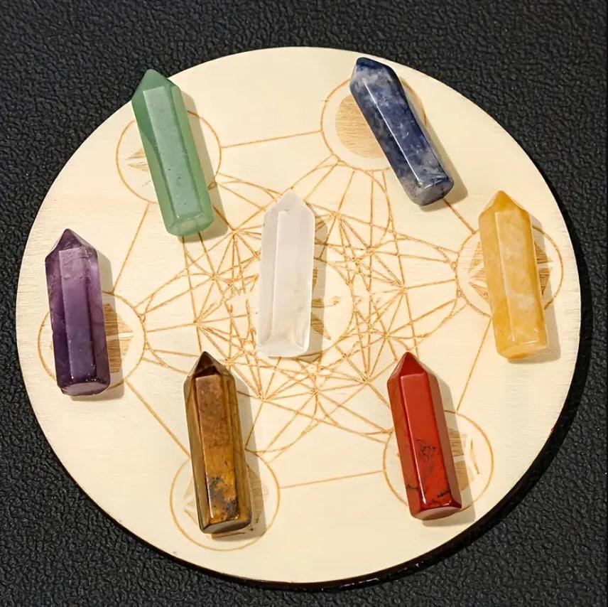 Гексагональный набор натуральных кристаллов 7 чакр с деревянной доской – камни для медитации. Киев - изображение 2