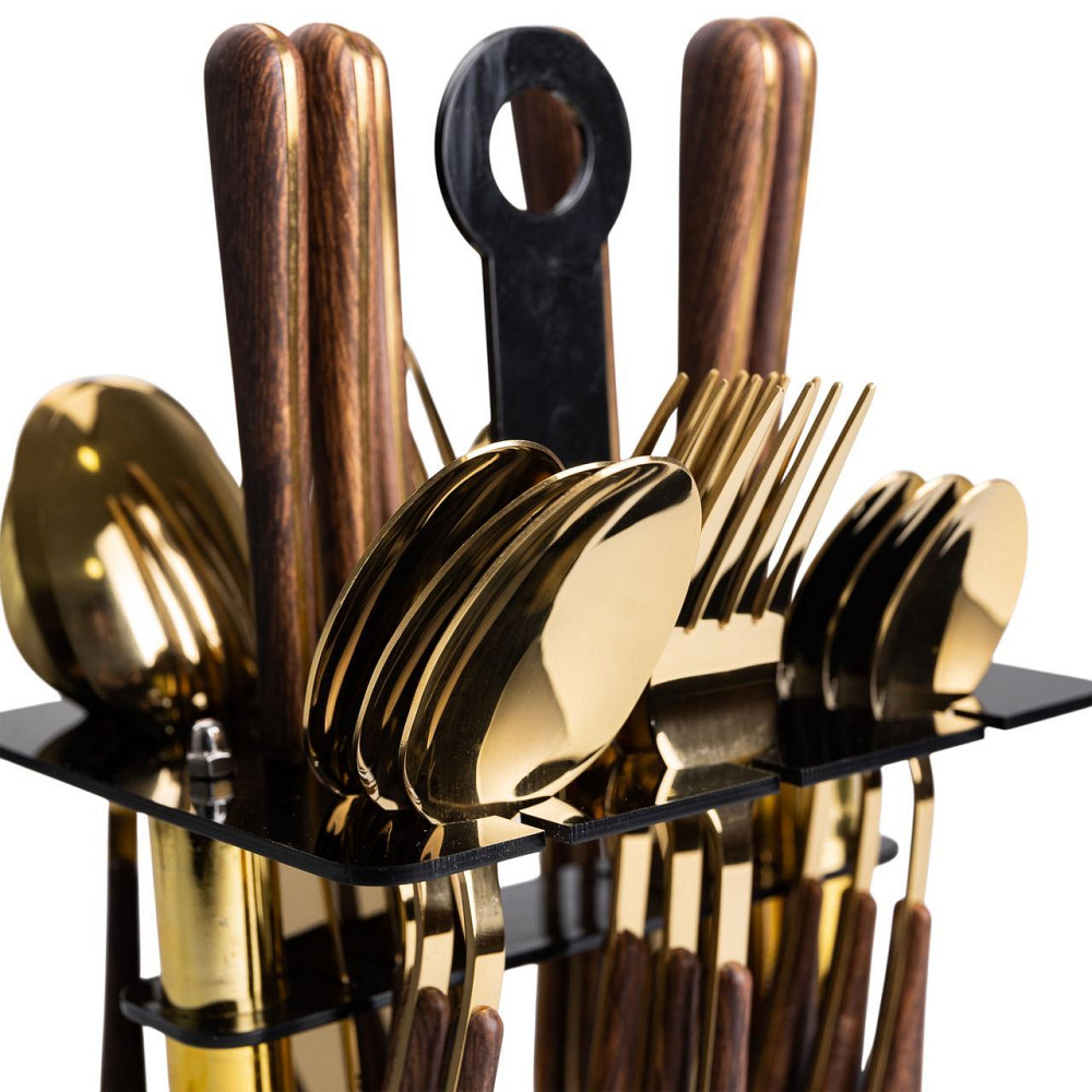 Набор столовых приборов на 6 персон с деревянными ручками на подставке столовые приборы 24 шт Золото HP-20-2 Киев - изображение 8