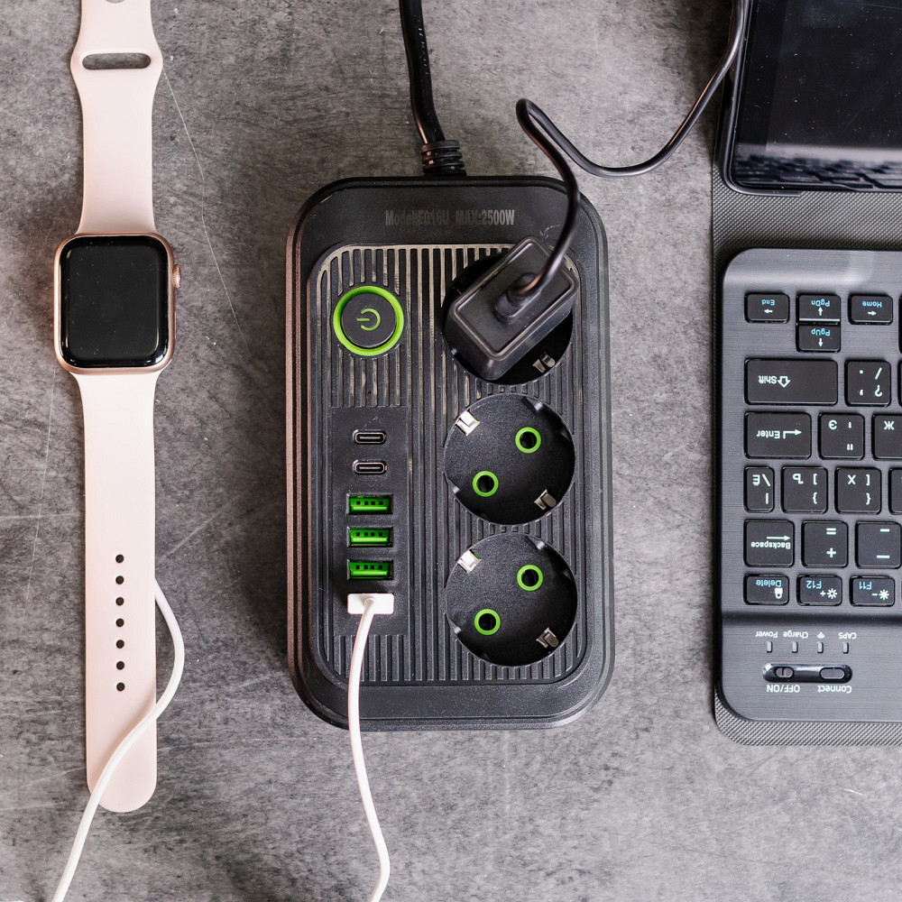 Сетевой фильтр кабель 3.8 м удлинитель F16 на 3 розетки с USB портами и кнопкой отключения Черный HP-5-20 Киев - изображение 2